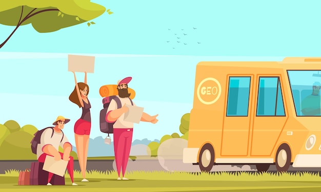 Cartoon background with friends hitchhiking and stopping bus on road