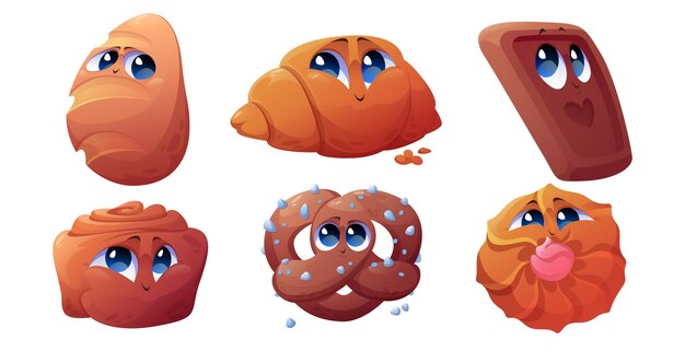 Cartoon bakery characters, cheerful croissant, bun, cinnabon and chocolate cookie with pretzel funny mascots. Confectionery cute joyful sweet dessert personages, happy baked food isolated vector set