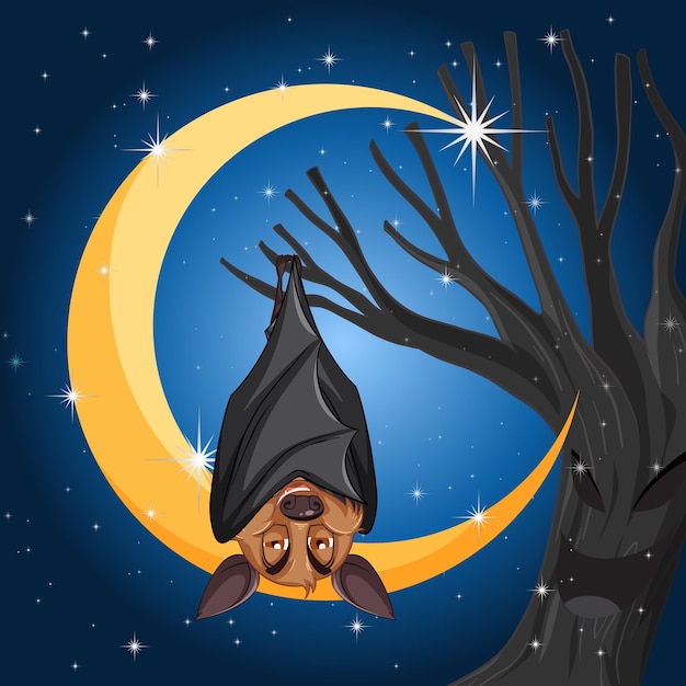 Free Vector cartoon bat with crescent moon background