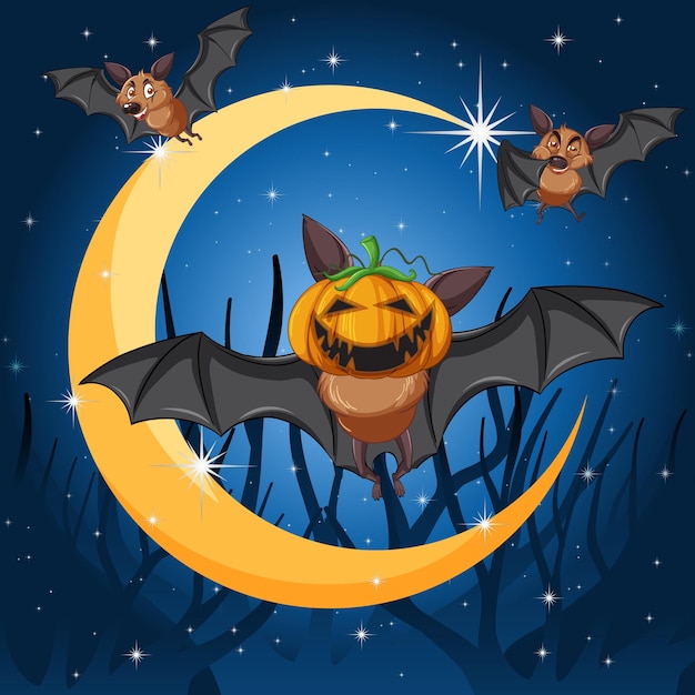 Free Vector cartoon bat with crescent moon background