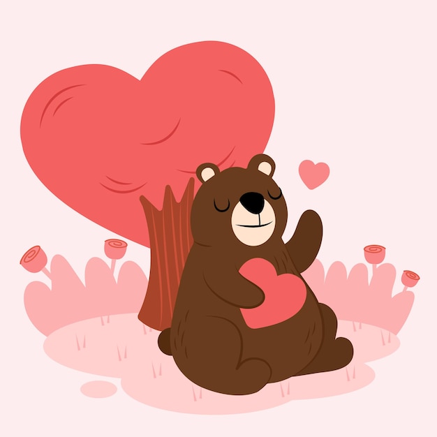 cartoon bear character in love with heart and tree