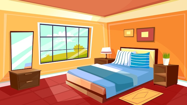 Cartoon bedroom interior background template. Cozy modern house room in morning light