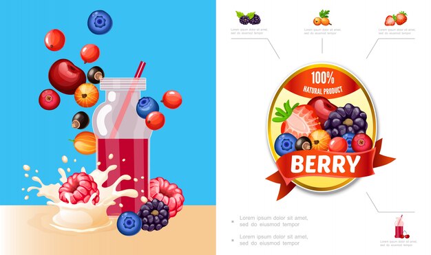 Cartoon berry smoothies composition with cherry blueberry cranberry currants raspberry blackberry milk splashes and natural product label