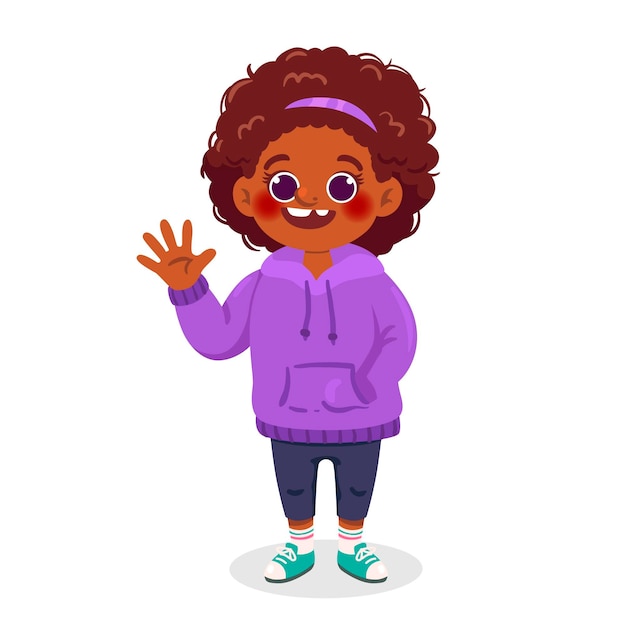 Cartoon black girl illustration waving