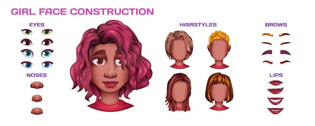 Free Vector cartoon black woman face construction facial elements