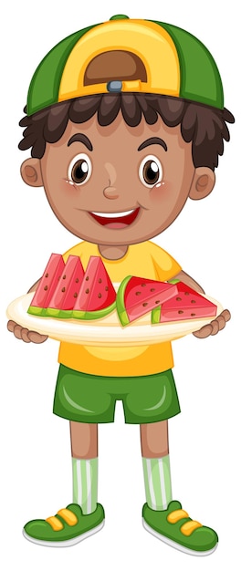 Cartoon boy holding sliced watermelon plate