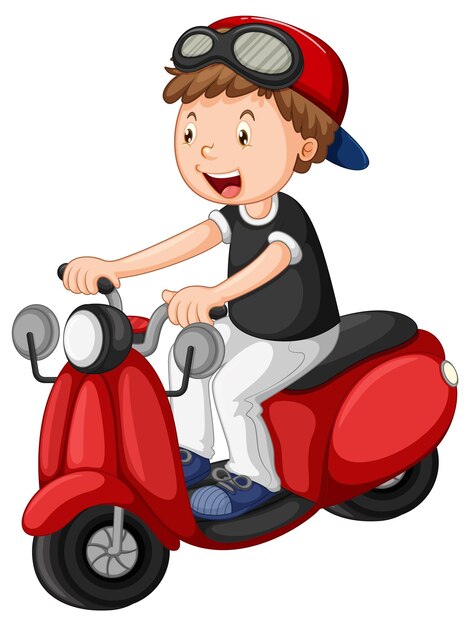 Cartoon boy riding scooter on white background