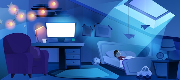 Free Vector cartoon boy sleep in bed at night room