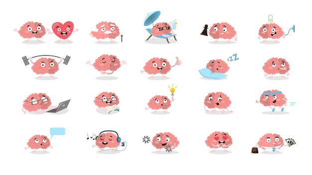 Cartoon brain set All emotions and situations as exercising and reading in love and angry