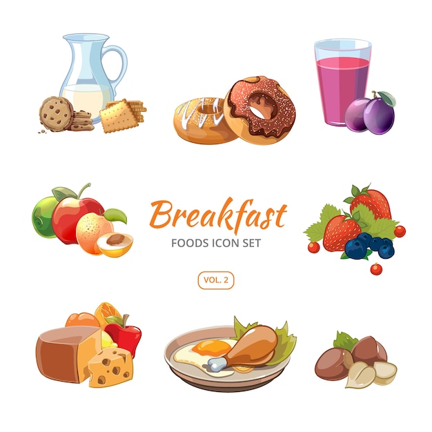 Cartoon breakfast food icons set. Biscuits and donuts, nuts and berries, vector illustration