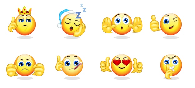 Cartoon bright emoticons collection with hand gestures and different emotions feelings and expressions isolated