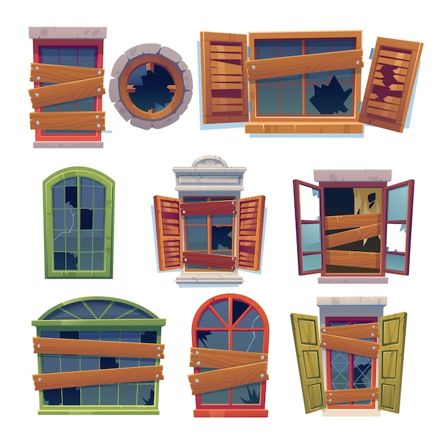 Free Vector cartoon broken wooden windows collection