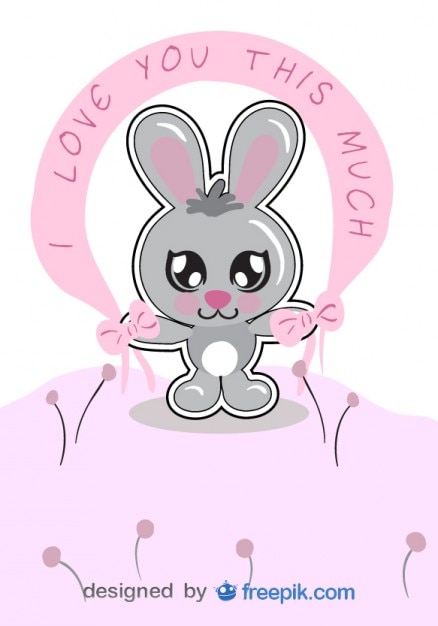 Free Vector cartoon bunny with love message in a pink ribbon