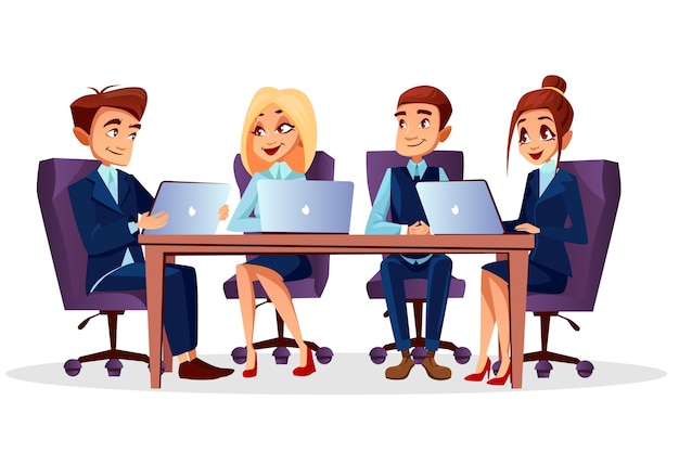 Free Vector cartoon business people sitting at desk with laptops communicating at brainstorming