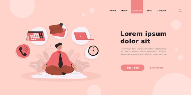 Cartoon businessman character practicing yoga or meditation landing page in flat style