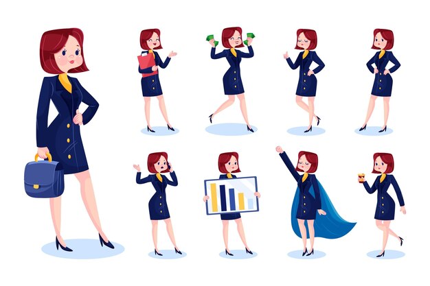 Cartoon businesswoman in different scenes