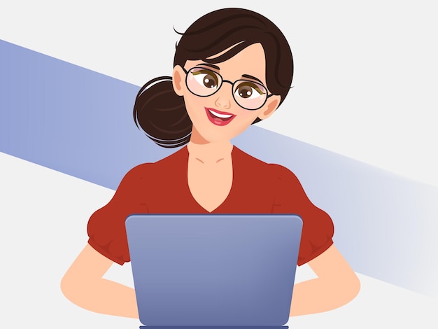 Cartoon Businesswoman working with a laptop gesture pose clip art.