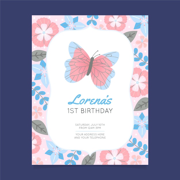 Cartoon butterfly birthday invitation template