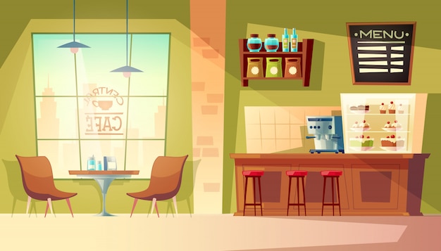 Free Vector cartoon cafe with window - cozy interior with coffee machine, table.