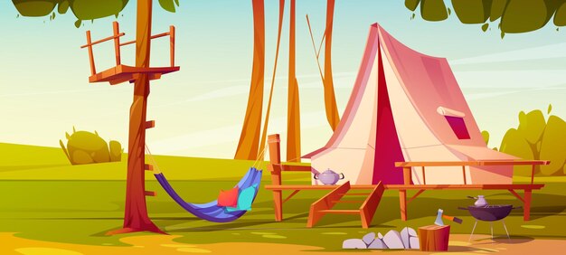 Cartoon camp with tent grill and hammock