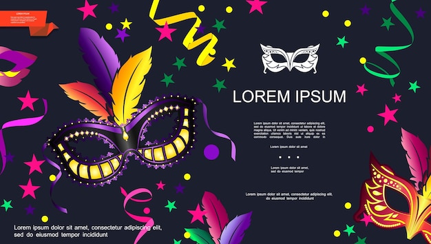 Cartoon carnival festive template with masquerade masks colorful ribbons stars on dark background  illustration,