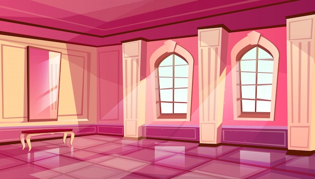 cartoon castle palace ballroom interior background with royal furniture 