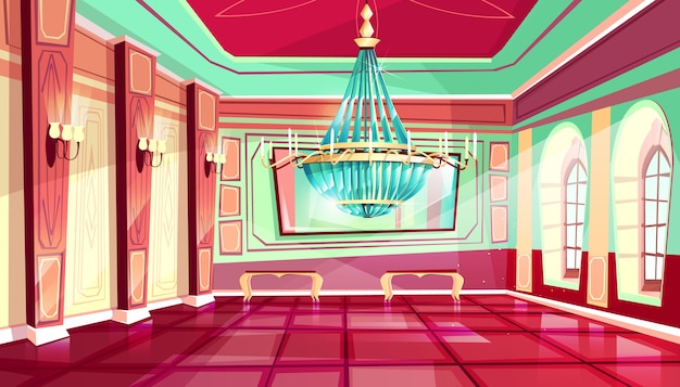 cartoon castle palace ballroom interior background with royal furniture 