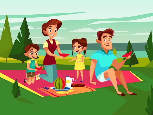 cartoon caucasian family at outdoor picnic party at weekend. 