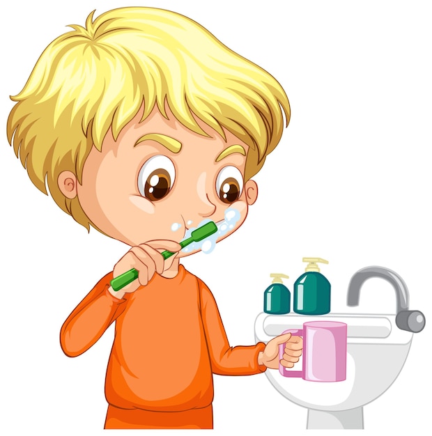 Cartoon character of aboy brushing teeth with water sink