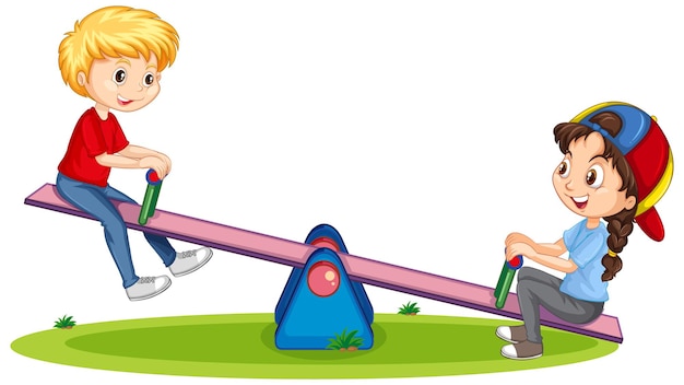 Cartoon character boy and girl playing seesaw on white background