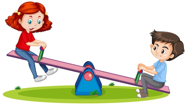 Cartoon character boy and girl playing seesaw on white