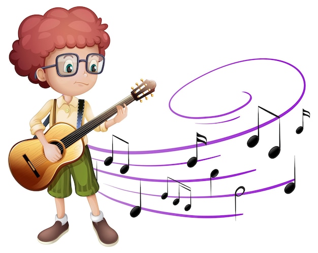 Cartoon character of a boy playing guitar with melody symbols