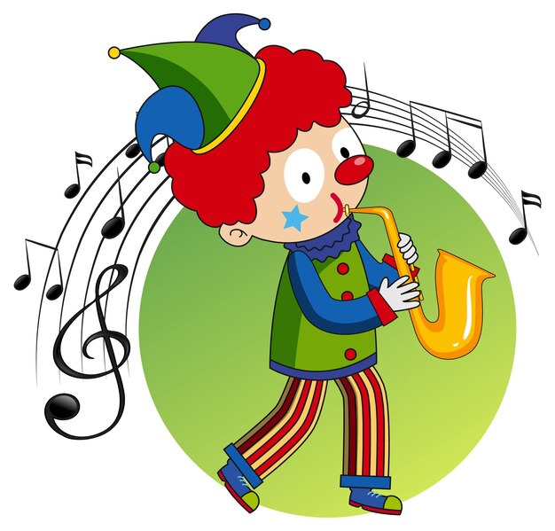 Cartoon character of a clown plays saxophone with musical melody symbols