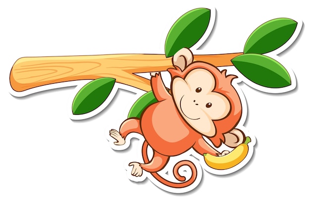 Cartoon character of cute monkey hanging on a branch sticker