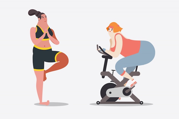 Cartoon character design illustration. Two women workout with yoga and bicycle in the gym.