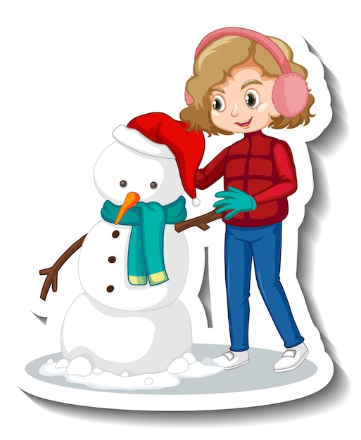 Free vector cartoon character of a girl building snowman sticker