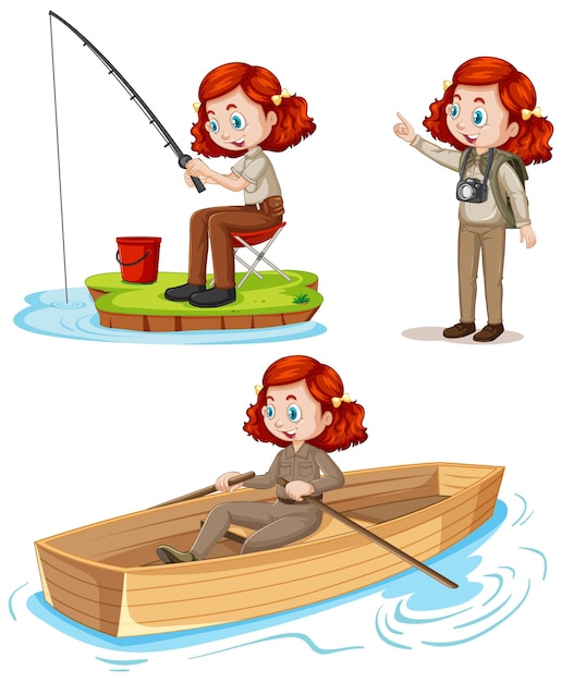 Cartoon character of a girl in camping outfits doing different activities