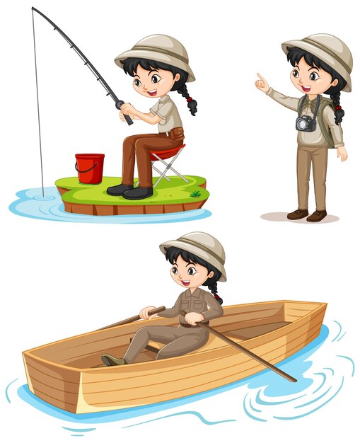 Cartoon character of a girl in camping outfits doing different activities