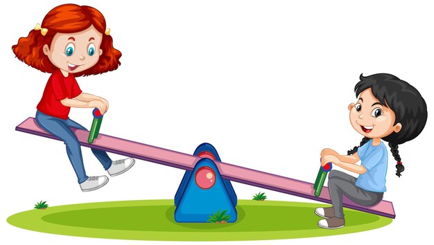 Cartoon character girls playing seesaw on white background