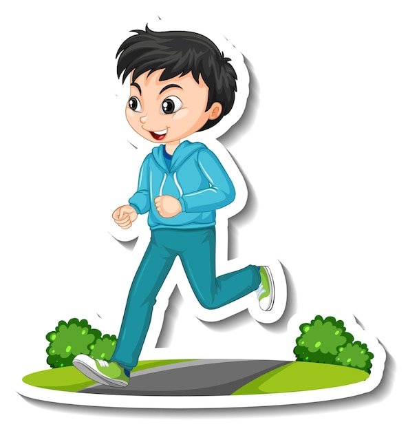 Free Vector cartoon character sticker with a boy jogging on white background