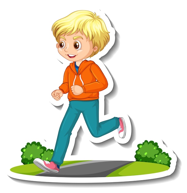 Free Vector cartoon character sticker with a boy jogging on white background