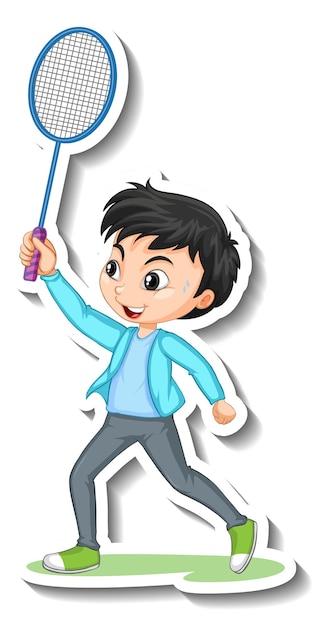 Cartoon character sticker with a boy playing badminton