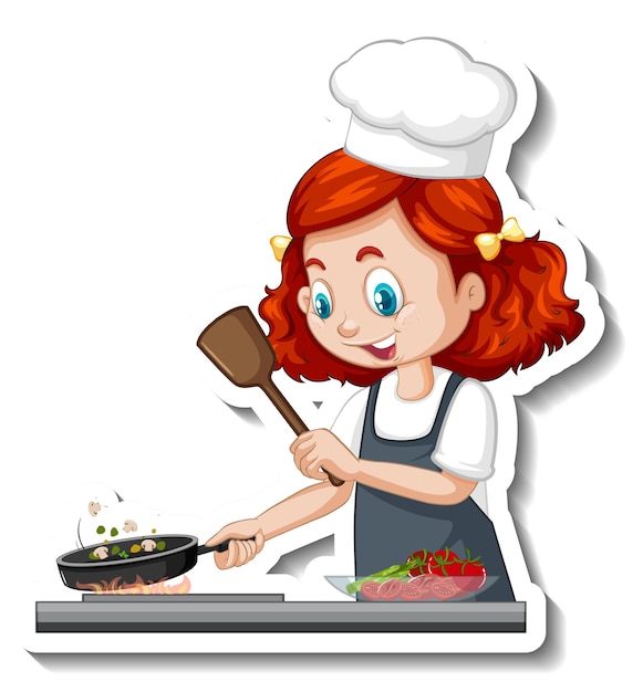 Free Vector cartoon character sticker with chef girl cooking