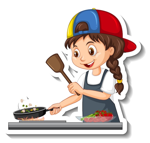 Free Vector cartoon character sticker with chef girl cooking