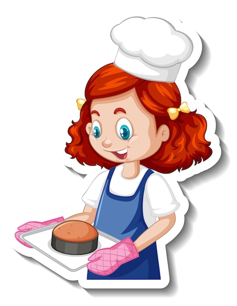 Free vector cartoon character sticker with chef girl holding baked tray