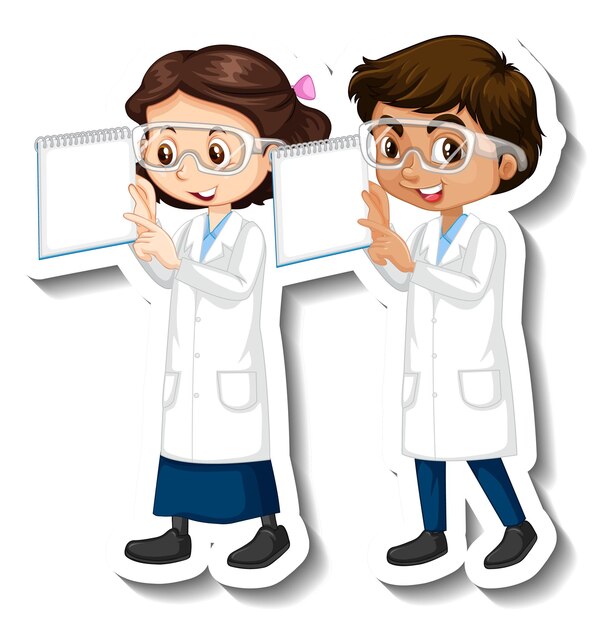 Cartoon character sticker with couple scientists in science gown