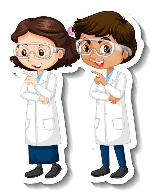 Cartoon character sticker with couple scientists in science gown