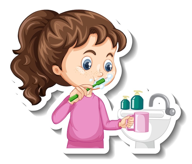 Free Vector cartoon character sticker with a girl brushing teeth