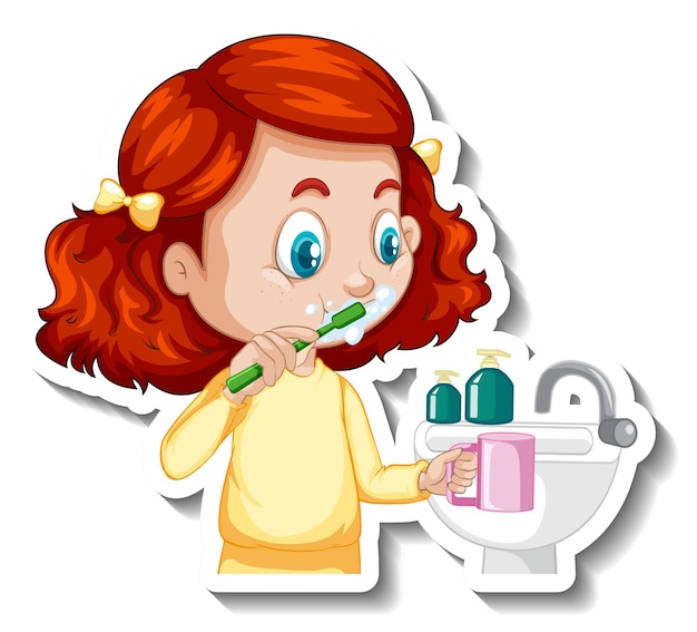 Free Vector cartoon character sticker with a girl brushing teeth