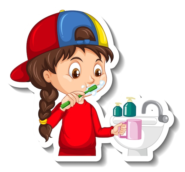 Cartoon character sticker with a girl brushing teeth